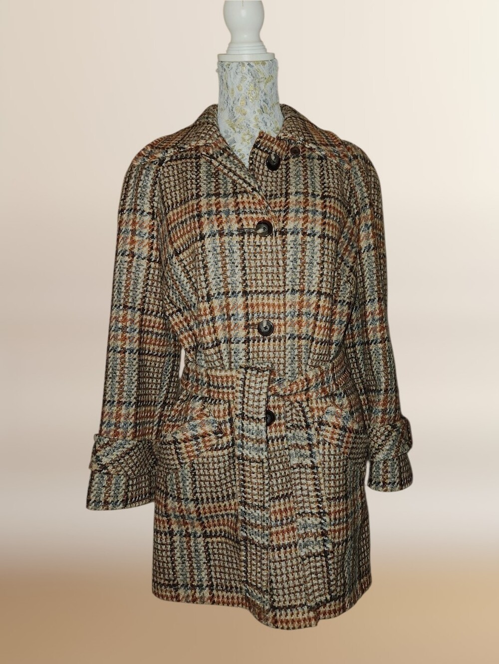 Vintage 1960s Wool Tweed Plaid Coat by Hardy Amies